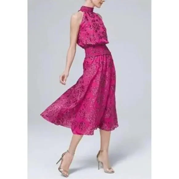 WHBM Pink Floral Applique Burnout Halter Smock-Neck Midi - Picture 1 of 11